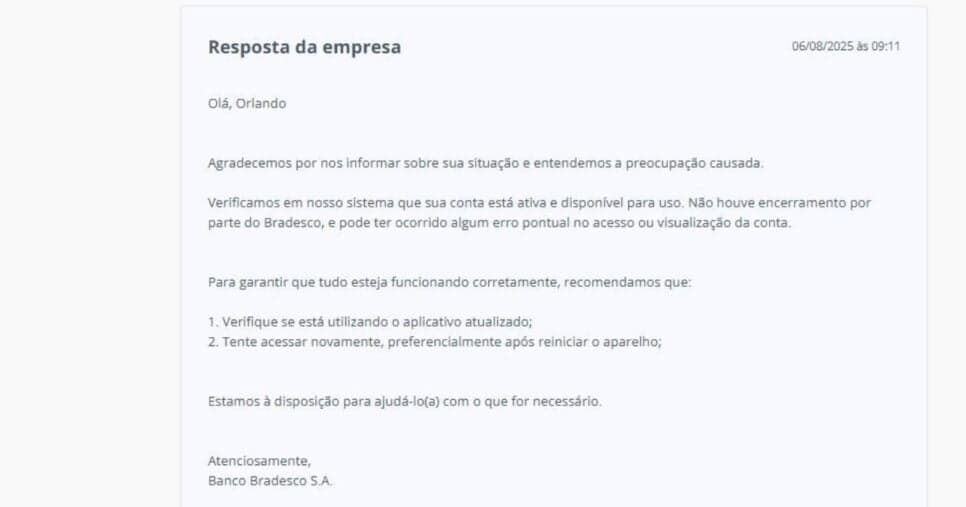 Resposta do Bradesco (Foto Reprodução/Reclame Aqui)