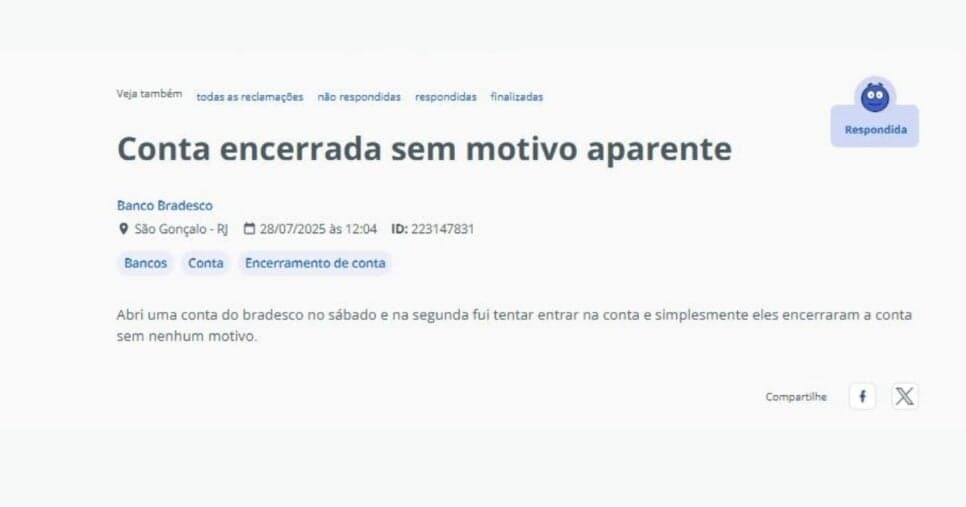 Denúncia feita por um cliente quanto a um cancelamento de conta (Foto Reprodução/Reclame Aqui)