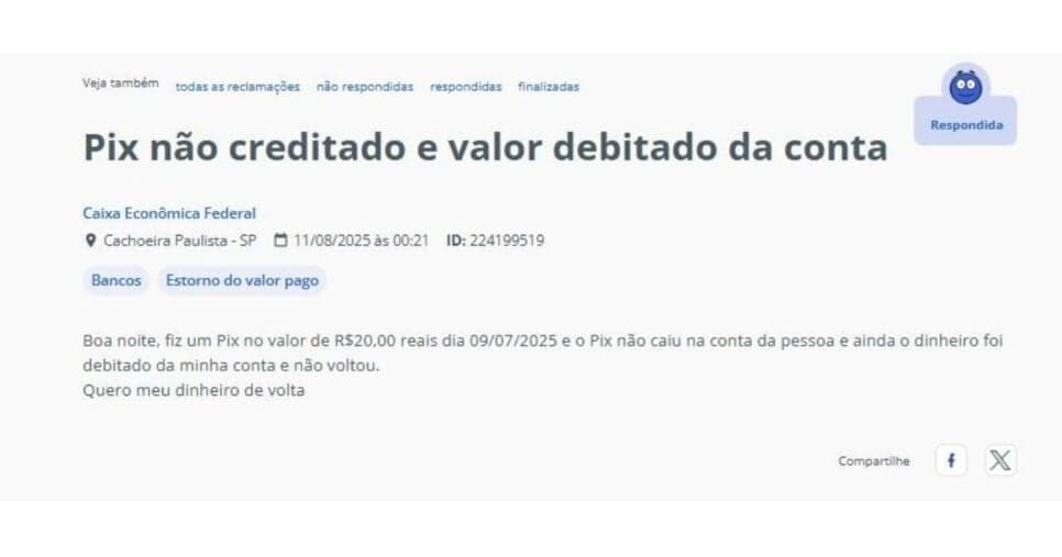 Reclamação feita pelo Reclame Aqui (Foto Reprodução/Reclame Aqui)