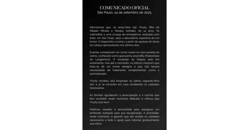 Comunicado sobre procedimento de Yhudy (Foto: Reprodução / Instagram) Comunicado sobre procedimento de Yhudy (Foto: Reprodução / Instagram)