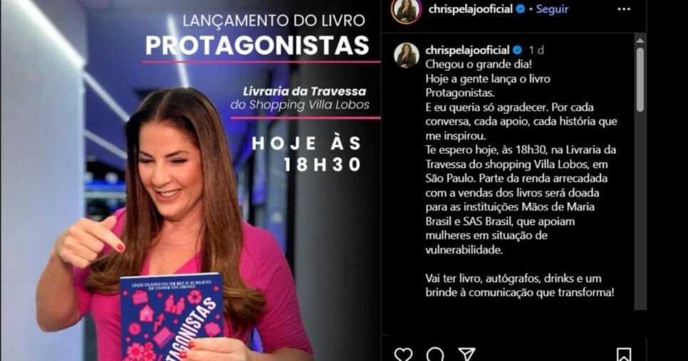 Christiane Pelajo divulgando o lançamento do seu novo livro Protagonistas (Foto Reprodução/Instagram/@chrispelajooficial)