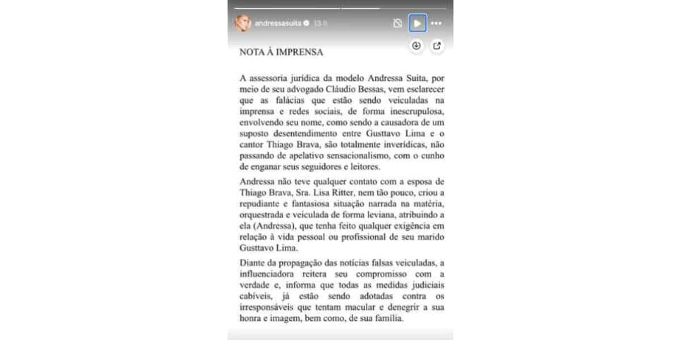 Nota de Andressa Suita (Foto: Reprodução / Instagram)