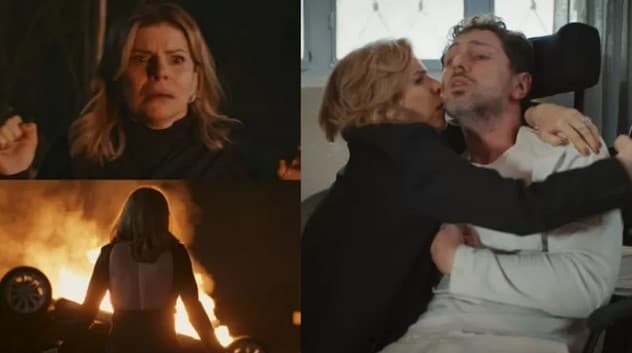 Odete no dia do acidente que vitimou Leonardo; ao lado, ela e o filho em Vale Tudo (Foto: Reprodução / Globo)
