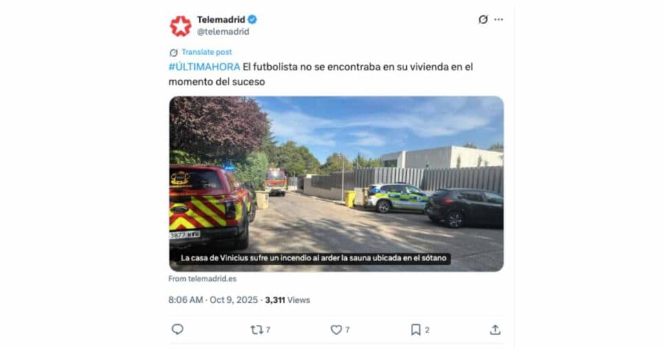 Incêndio atinge mansão de Vini Jr. (Foto: Reprodução X, antigo Twitter)