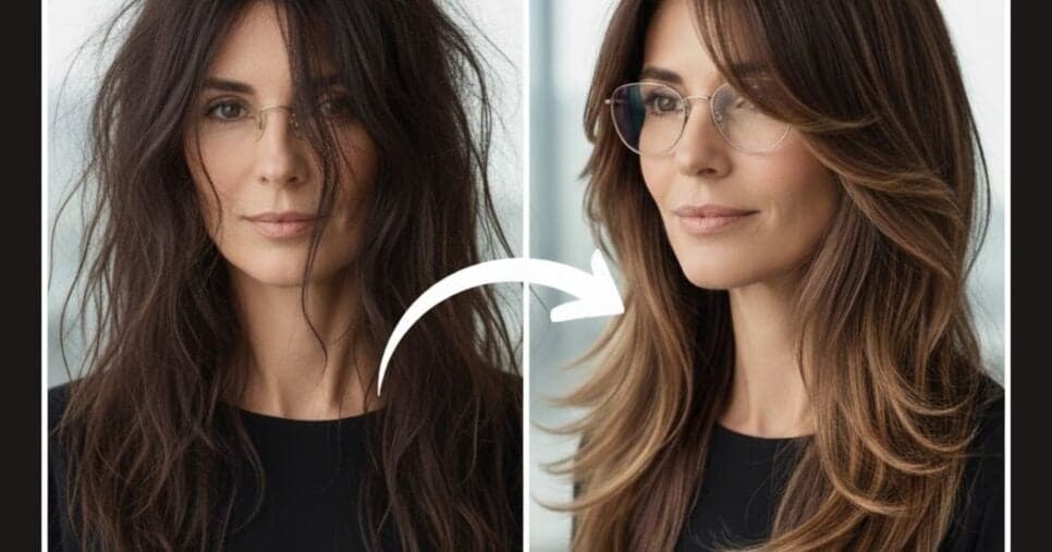 Camadas longas com franja leve - Antes e depois (Foto Reprodução/Montagem/Lennita/GMN/Canva)