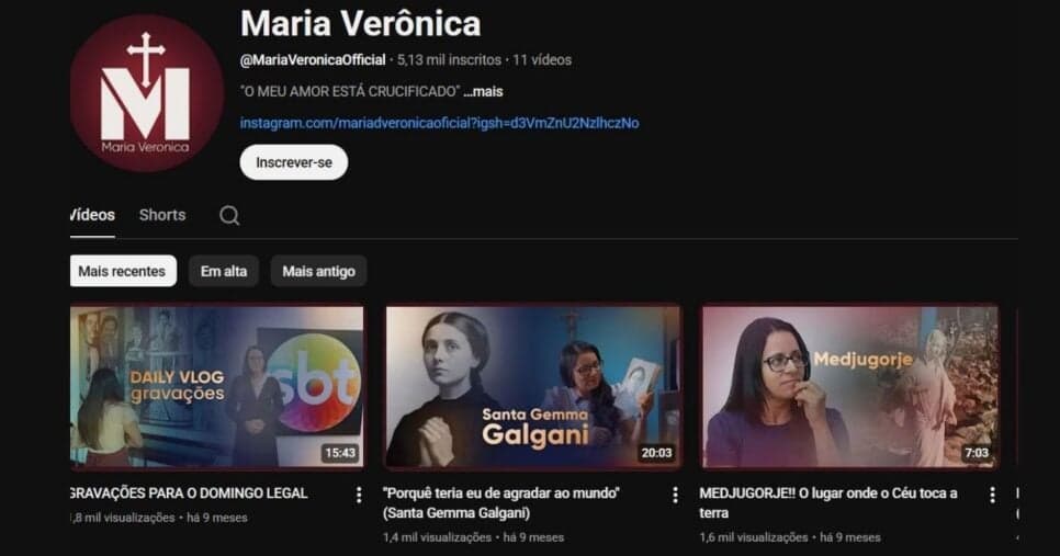 Canal de Maria Verônica no YouTube possui apenas 11 vídeos publicados até agora (Foto Reprodução/YouTube)
