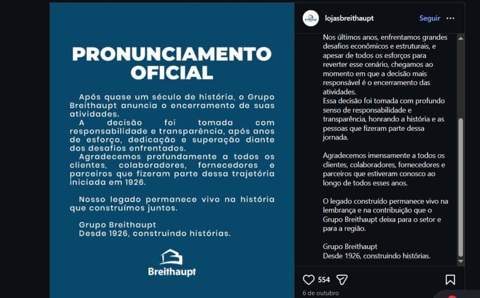 Comunicado do grupo pelas redes sociais (Foto Reprodução/Instagram/@lojasbreithaupt) Comunicado do grupo pelas redes sociais (Foto Reprodução/Instagram/@lojasbreithaupt)