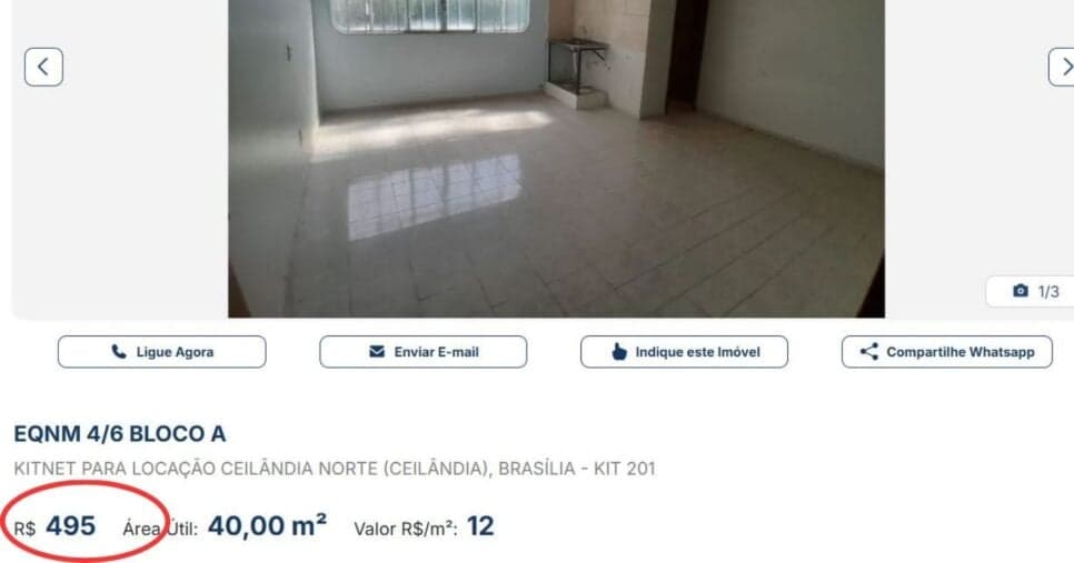 Aluguel de Kitnet na Ceilândia (DF) - (Foto Reprodução/DF Imóveis)