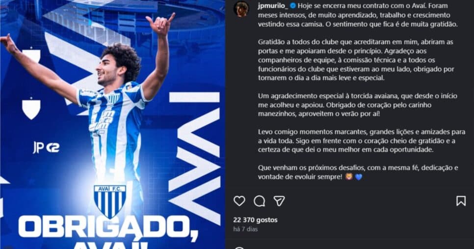 JP se despede do Avaí e volta ao Vasco da Gama - Foto: Instagram JP se despede do Avaí e volta ao Vasco da Gama - Foto: Instagram
