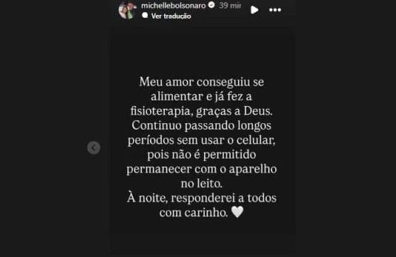 Michelle dá notícia aos apoiadores do marido (Foto: Reprodução / Instagram)
Michelle dá notícia aos apoiadores do marido (Foto: Reprodução / Instagram)