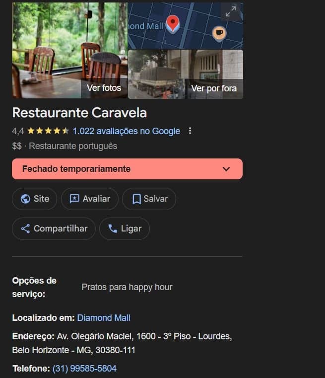 Status do Restaurante Caravela, no Google (Foto Reprodução/Maps) Status do Restaurante Caravela, no Google (Foto Reprodução/Maps)