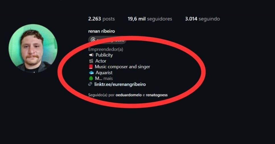 Renan Ribeiro tem a carreira de publicidade publicada em sua bio nas redes sociais (Foto Reprodução/Montagem/Instagram/ @Renan Ribeiro)