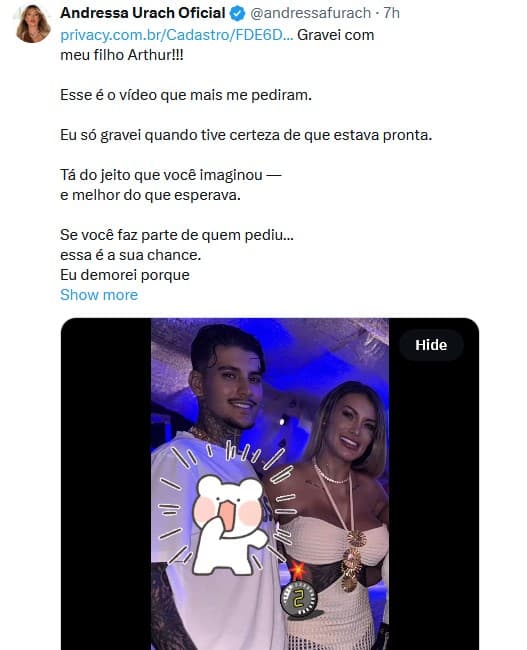 Andressa Urach chocou seguidores (Foto: Reprodução / X)
