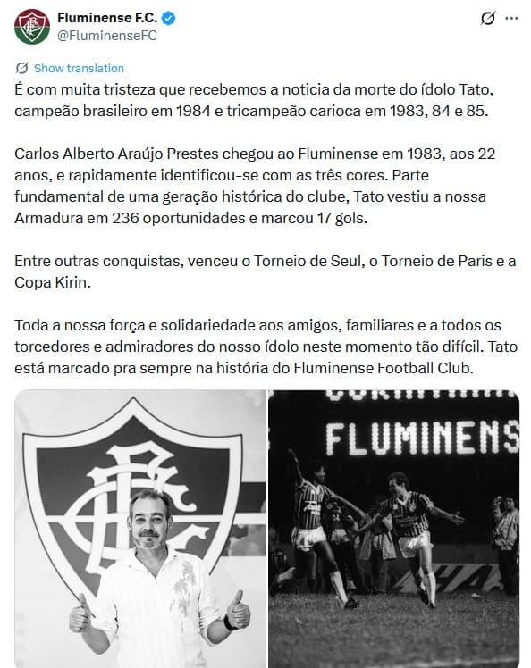Fluminense confirmou morte de jogador (Foto: Reprodução / X)