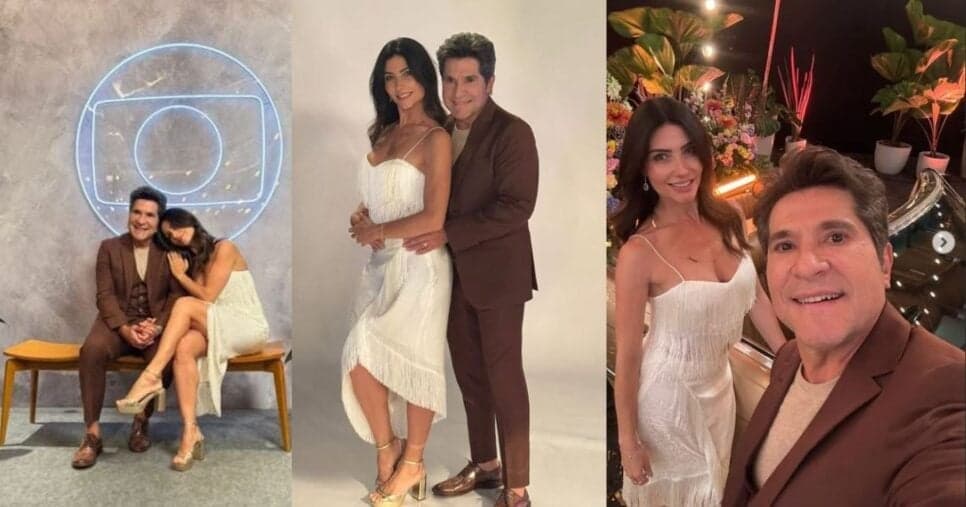 Daniel ao lado da esposa em cliques feitos durante a vinheta de fim de ano da Globo (Foto Reprodução/Montagem/TV Foco/Instagram/@cantordaniel)