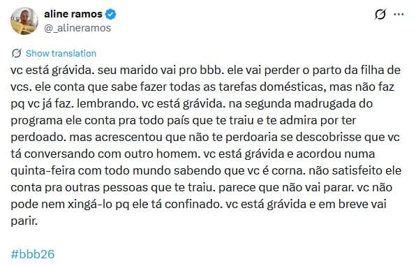 Aline Ramos criticou atitude de Pedro no BBB26 (Foto: Reprodução / X)
Aline Ramos criticou atitude de Pedro no BBB26 (Foto: Reprodução / X)