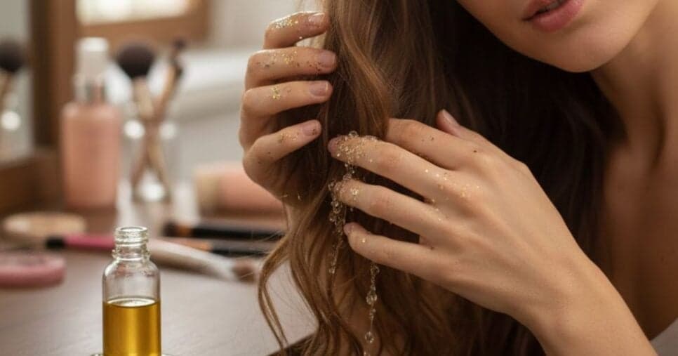 Jovem tirando glitter do cabelo (Foto: Montagem TV Foco / GMN)