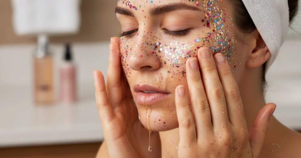 Mulher tirando glitter do rosto com óleo (Foto: Montagem TV Foco / GMN)