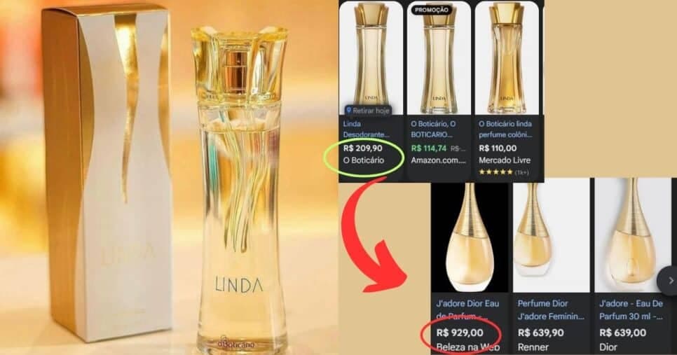 Linda -O Boticário x J'Adore Dior (Foto Reprodução/Montagem/Lennita/TV Foco/Google Shopping/Boticário)