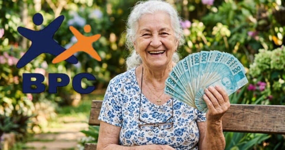Logo BPC e idosa segurando notas de cem reais (Foto: Montagem TV Foco / GMN)
