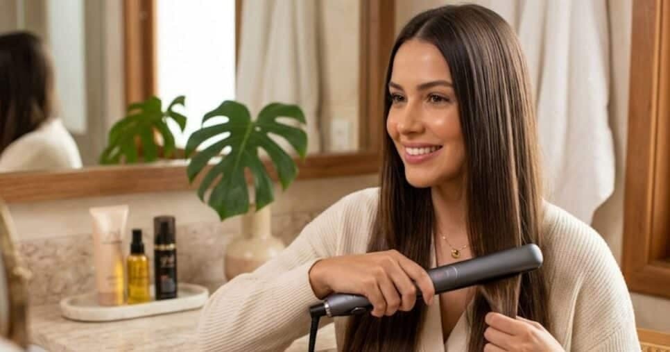 Mulher alisando o cabelo com chapinha (Foto: Montagem TV Foco / GMN)