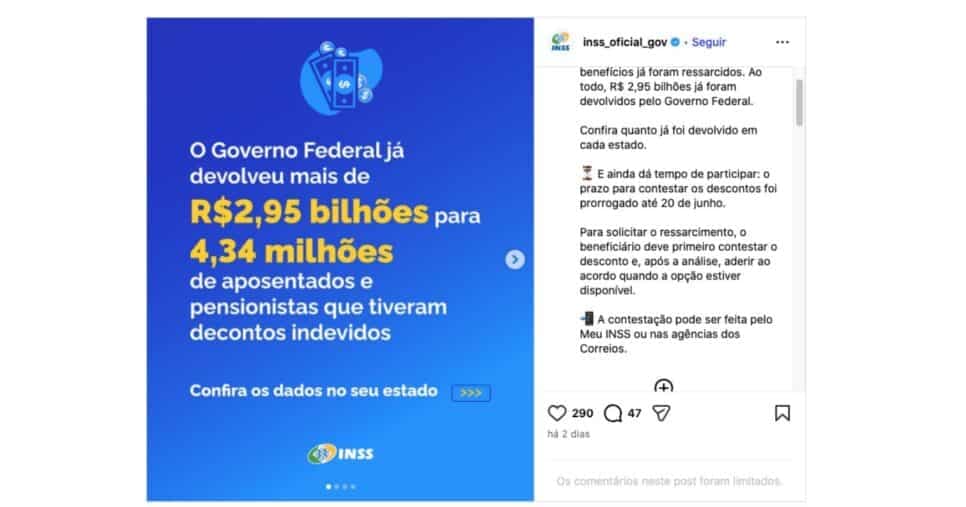 Publicação do INSS sobre ressarcimento (Foto: Reprodução / Instagram) 