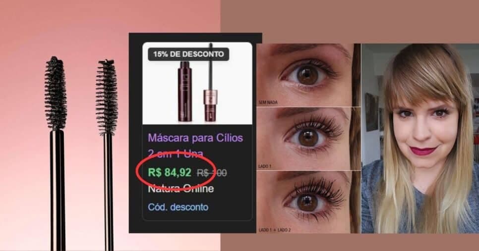 Máscara para cílios 2 em 1 Una/ Resultados e média de valores (Foto Reprodução/Montagem/Lennita/TV Foco/Google Shopping/Instagram/Natura)