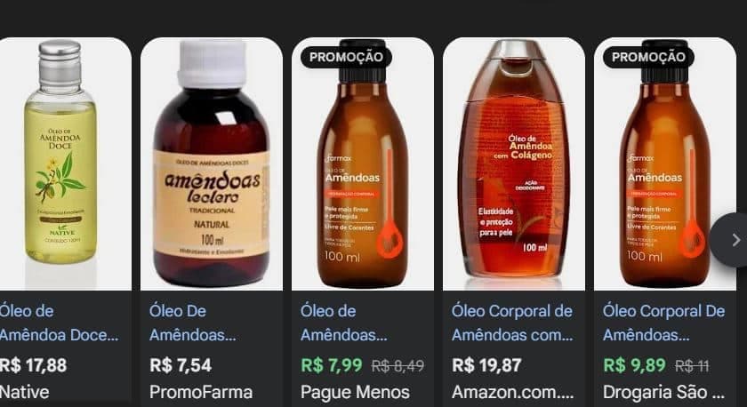 Média de valores do óleo de amêndoas doces (Foto: Reprodução/Google Shopping)