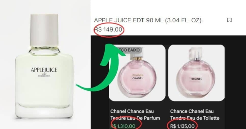Diferença de valores entre o Apple Juice e o Chanel Chance Tendre (Foto Reprodução/Montagem/Lennita/TV Foco/Google Shopping/Zara)
