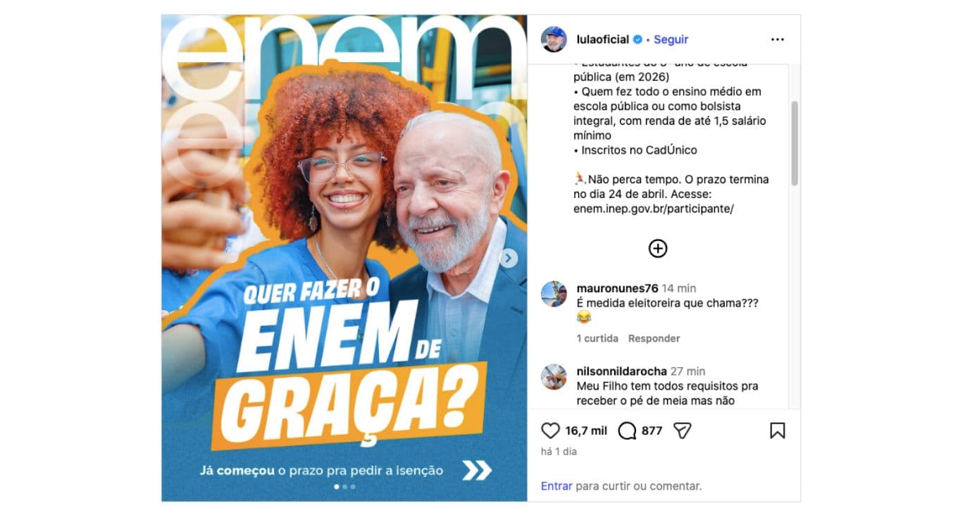 Anúncio de Luiz Inácio Lula da Silva sobre o Enem (Foto: Reprodução / Instagram)