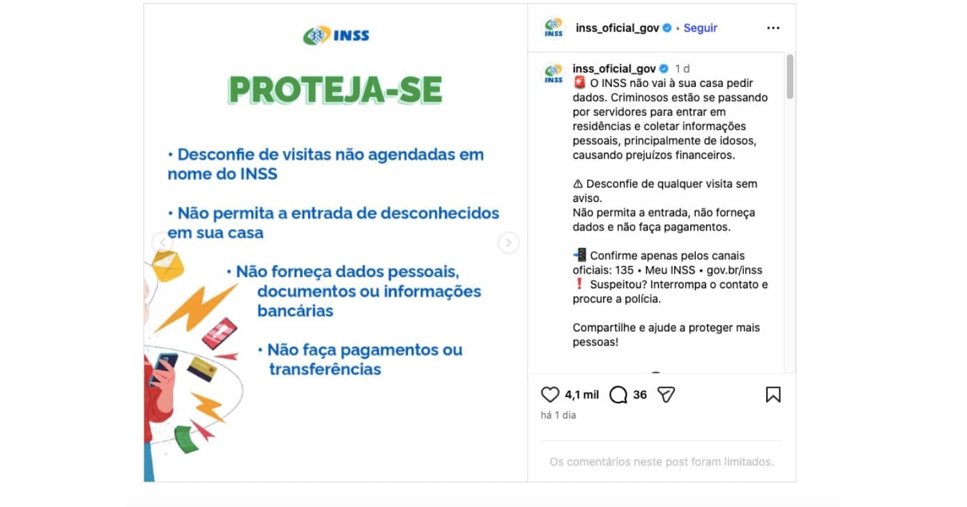 Comunicado do INSS sobre golpes (Foto: Reprodução / Instagram) 