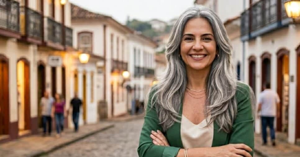 Mulher com o cabelo grisalho e corte em camadas (Foto: Montagem TV Foco / GMN)