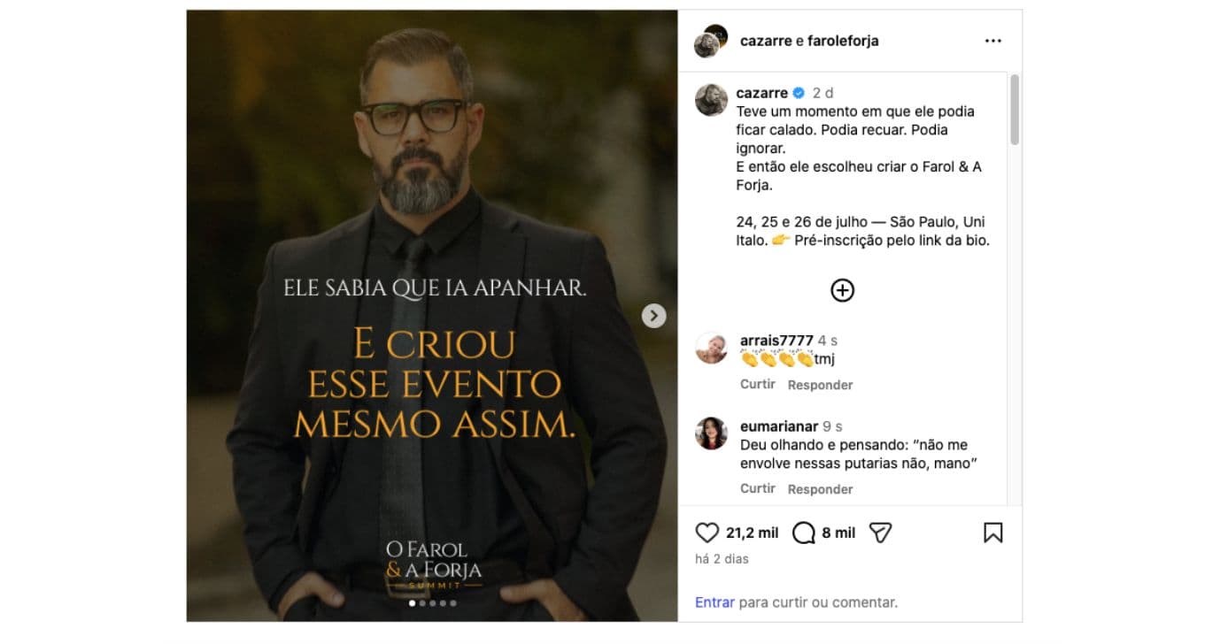 Publicação sobre curso de Juliano Juliano Cazarré (Foto: Reprodução / Instagram)