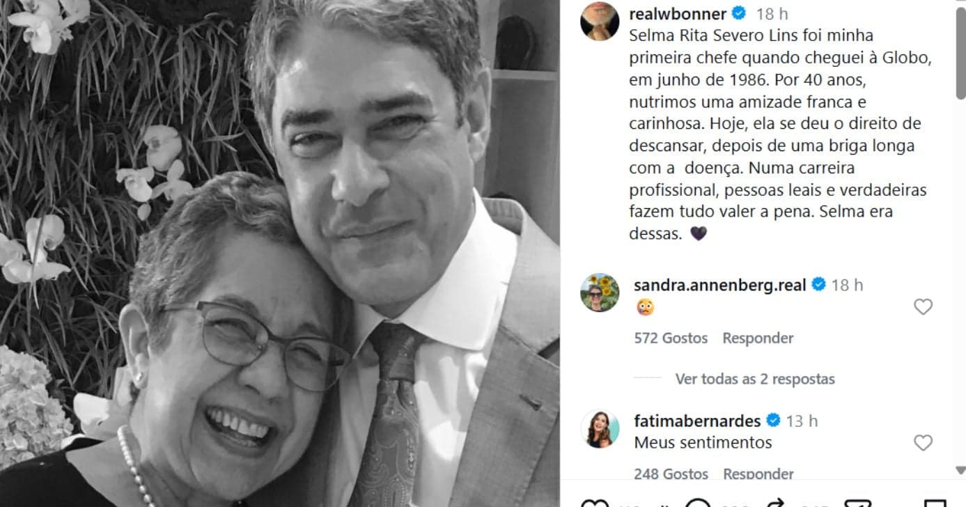 Bonner lamenta morte de colega nas redes sociais - Foto: Instagram Bonner lamenta morte de colega nas redes sociais - Foto: Instagram