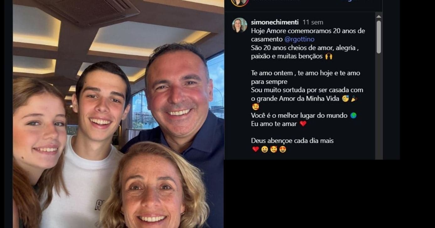 Postagem de comemoração de casamento de Gottino com sua esposa e família (Foto Reprodução/Instagram/@simonechiment)