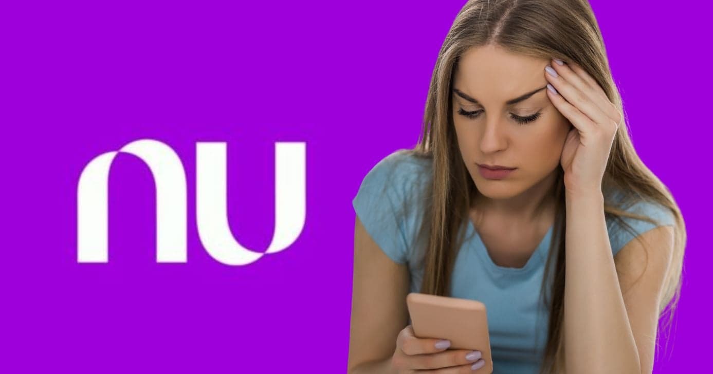 Logo Nubank e mulher triste (Fotos: Reproduções / Internet / Canva)