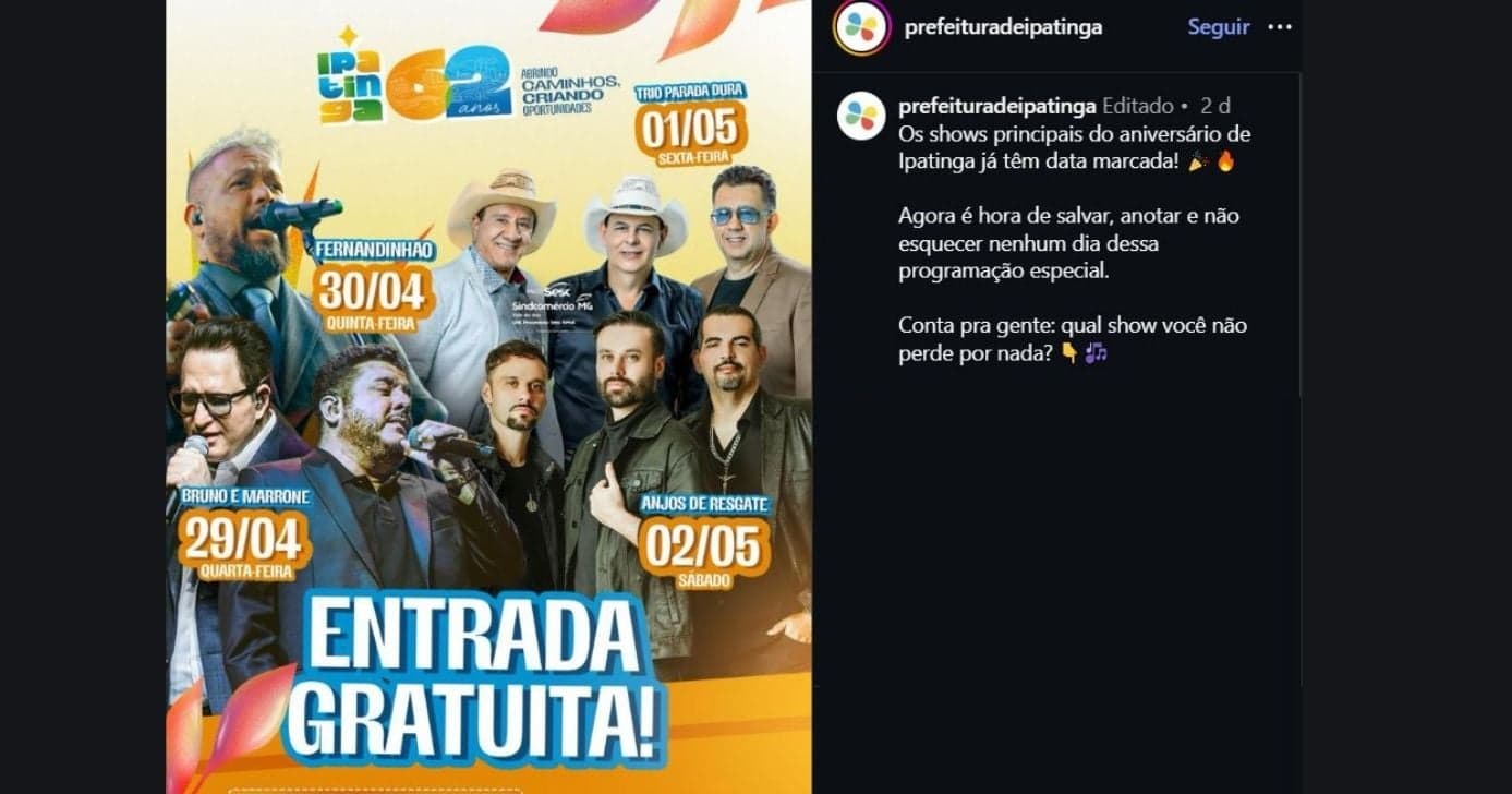 Feriado de aniversário da cidade de Ipatinga contará com shows para celebrar (Foto Reprodução/Instagram)