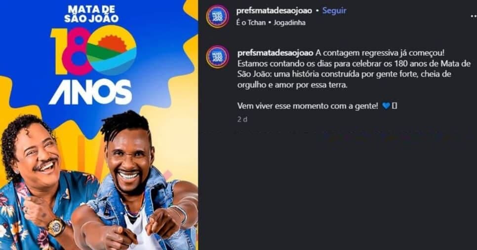 Programação de feriado e aniversário da cidade Mata de São João (Foto Reprodução/Instagram/@prefsmatasãojoao)