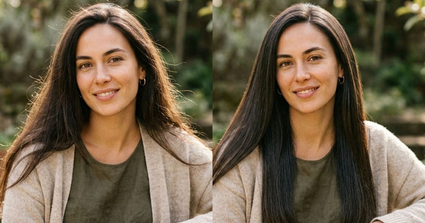 Antes e depois de mulher com frizz no cabelo (Foto: Montagem TV Foco / GMN)