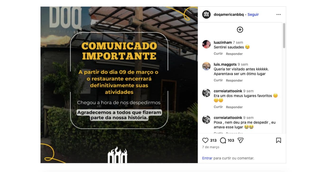 Anúncio do encerramento do restaurante DOQ American BBQ 
