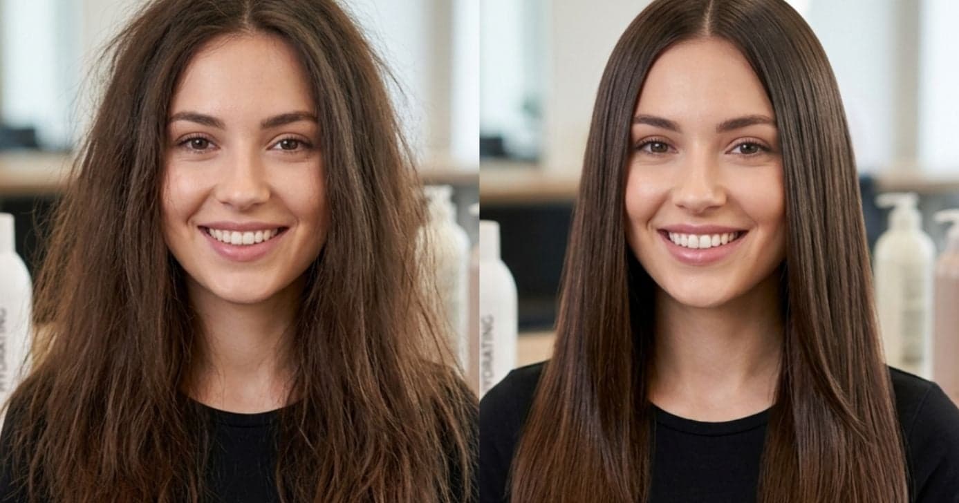 Ilustração antes e depois de cabelo com frizz e uso de condicionador (Foto: Montagem TV Foco / GMN)