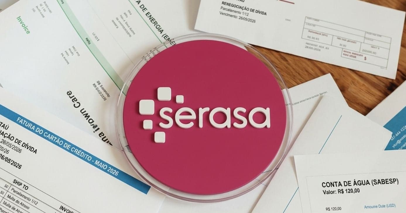 Ilustrações dívidas e logo Serasa (Foto: Montagem TV Foco / GMN / Canva)