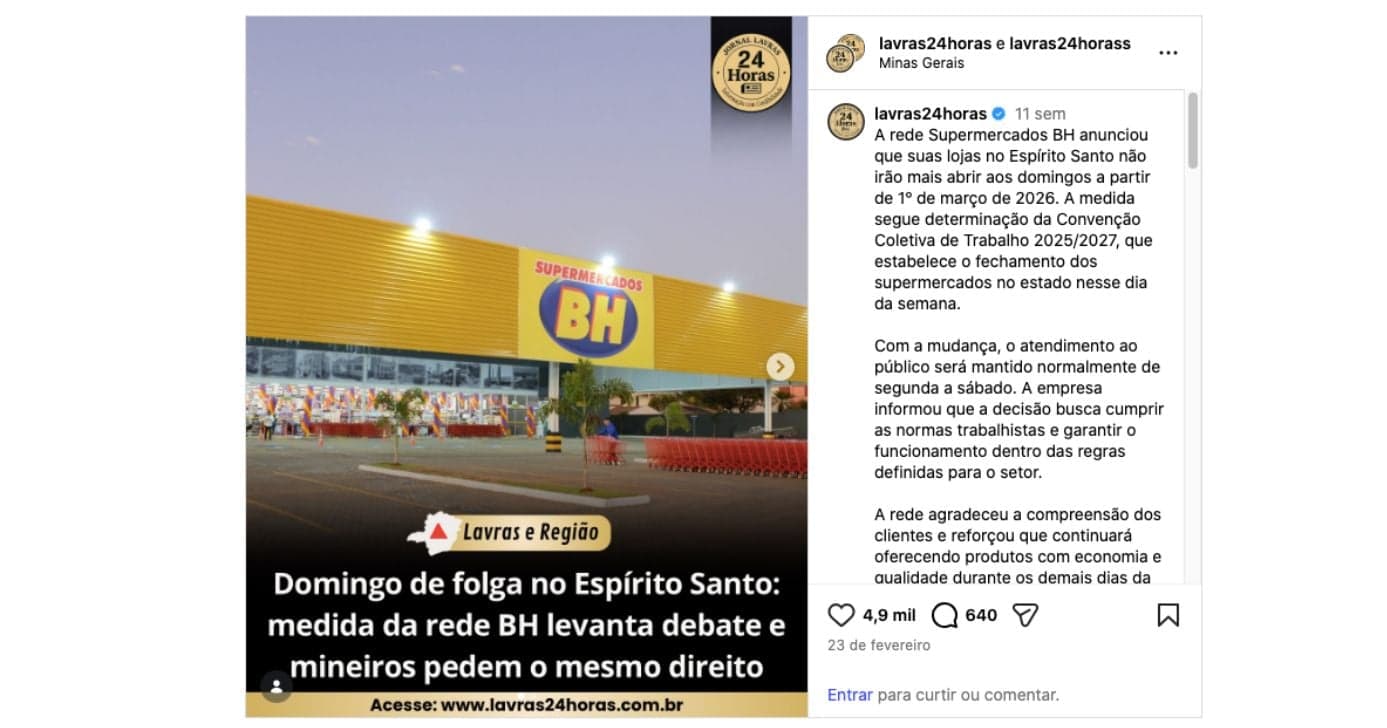 Notícia sobre rede de supermercados BH (Foto: Reprodução / Instagram)