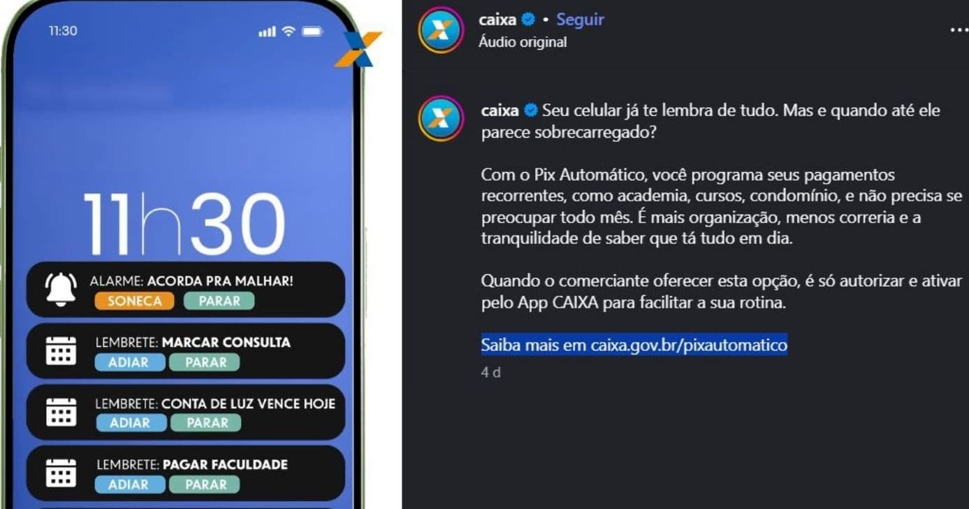 CAIXA anuncia o PIX Automático por meio das suas redes sociais oficiais (Foto Reprodução/Instagram/@Caixa)