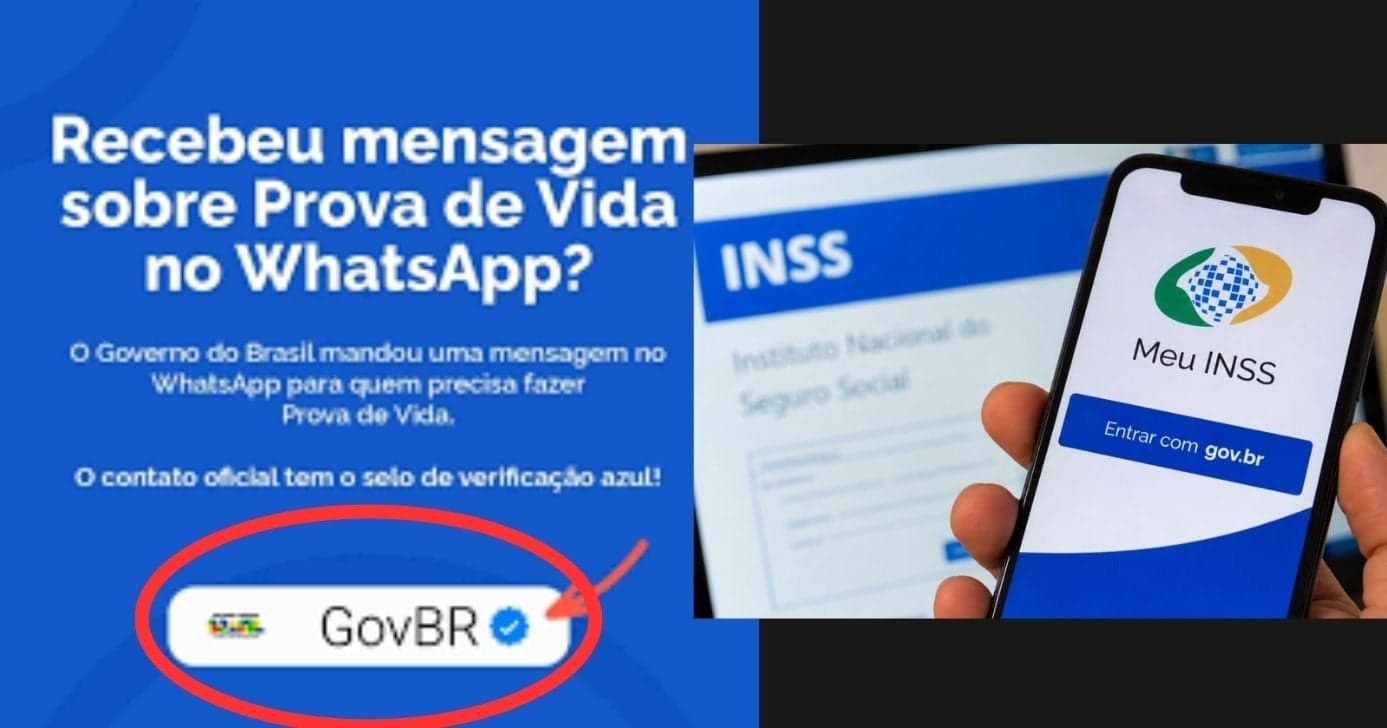Selo azul que deve constar no WhatsApp oficial do INSS (Foto Reprodução/Montagem/Lennita/Instagram/INSS/YouTube)