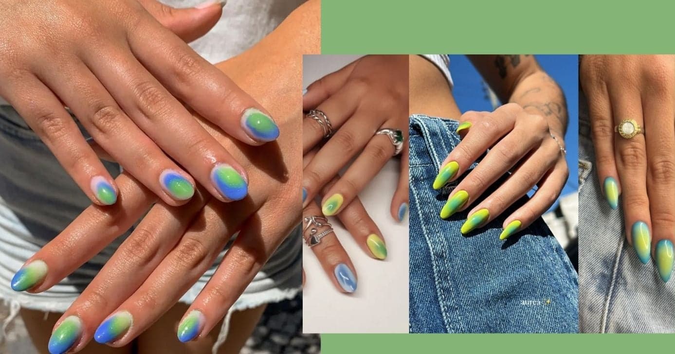 Tecnica Aura Nails nas unhas com as cores do Brasil (Foto Reprodução/Montagem/Lennita/TV Foco/Canva/Pinterest)