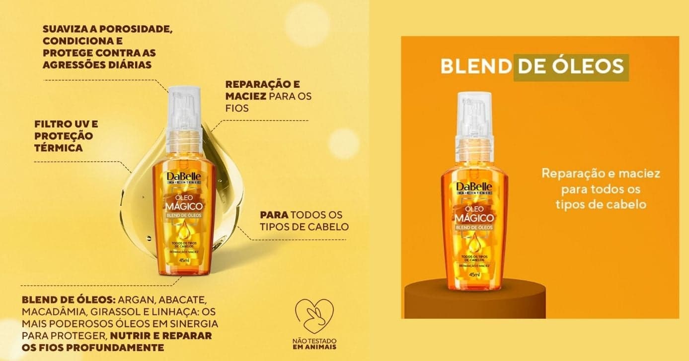 Óleo Mágico da marca DaBelle (Foto Reprodução/Montagem/Lennita/TV Foco/DaBelle/Canva) Óleo Mágico da marca DaBelle (Foto Reprodução/Montagem/Lennita/TV Foco/DaBelle/Canva)
