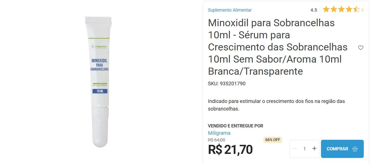 Minoxidil para Sobrancelhas é desenvolvido por uma farmácia de manipulação e pode ser encontrado por menos de R$25 (Foto Reprodução/Montagem/TV Foco/Canva/Drogaria São Paulo)