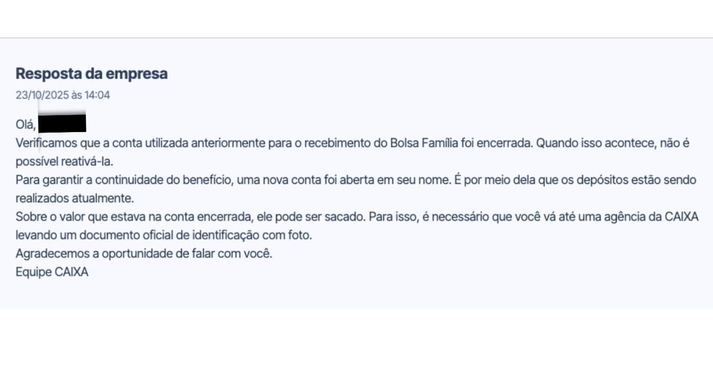 Comunicado da Caixa sobre o Bolsa Família (Foto: Reprodução / Reclame Aqui) 