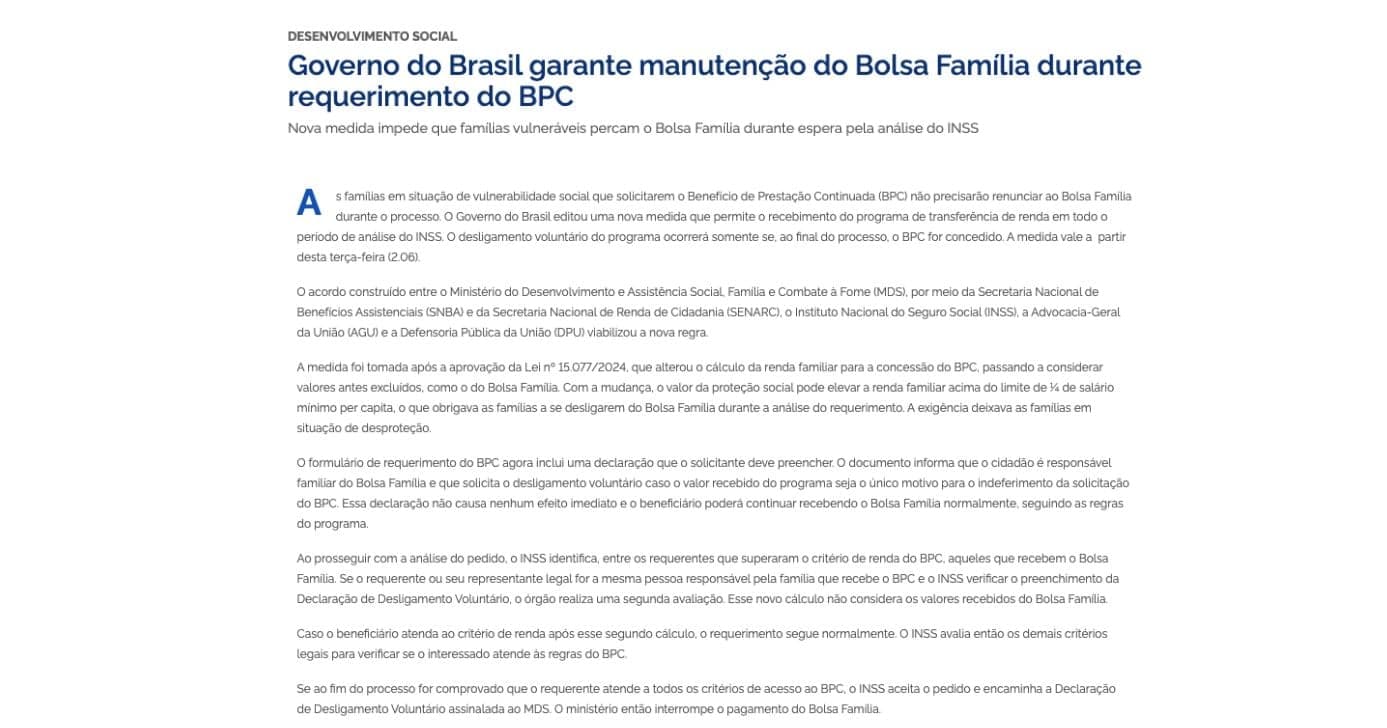 Comunicado do Governo Federal sobre BPC e Bolsa Família (Foto: Governo Federal) 